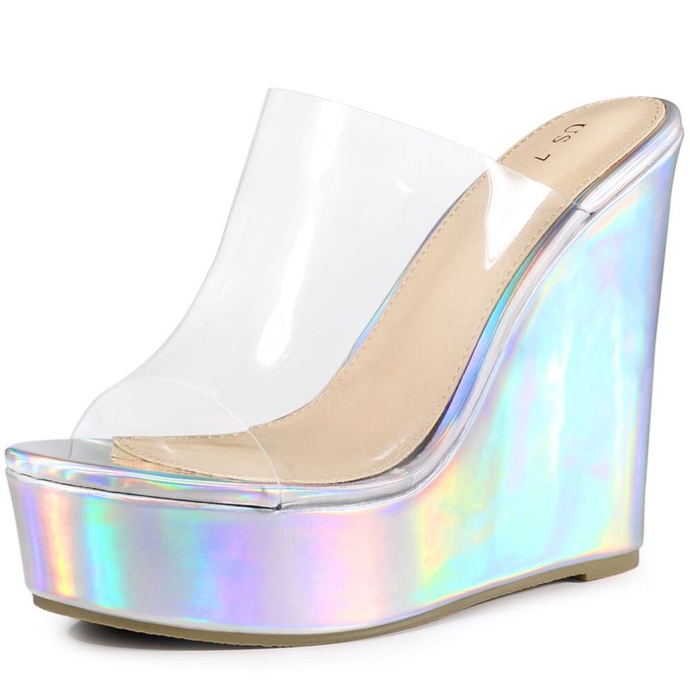 Platform Clear Strap Wedge Heel Sandals for Women, Silver